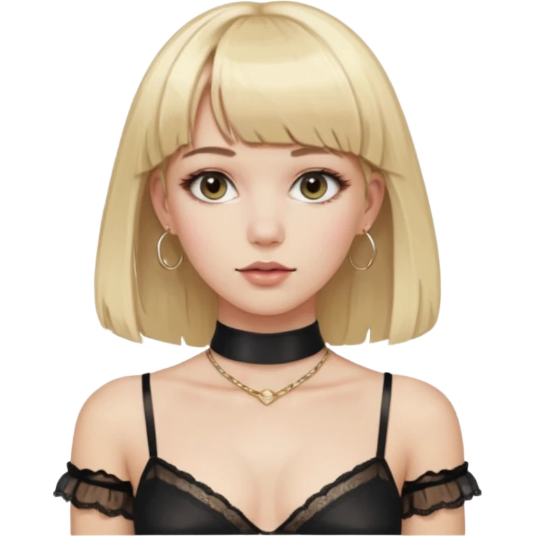 long elegant hair with bangs. almost female blonde boy femboy trap t-girl cute feminine makeup gay lingerie sleeves. skinny male body.   choker hoop earrings. emoji