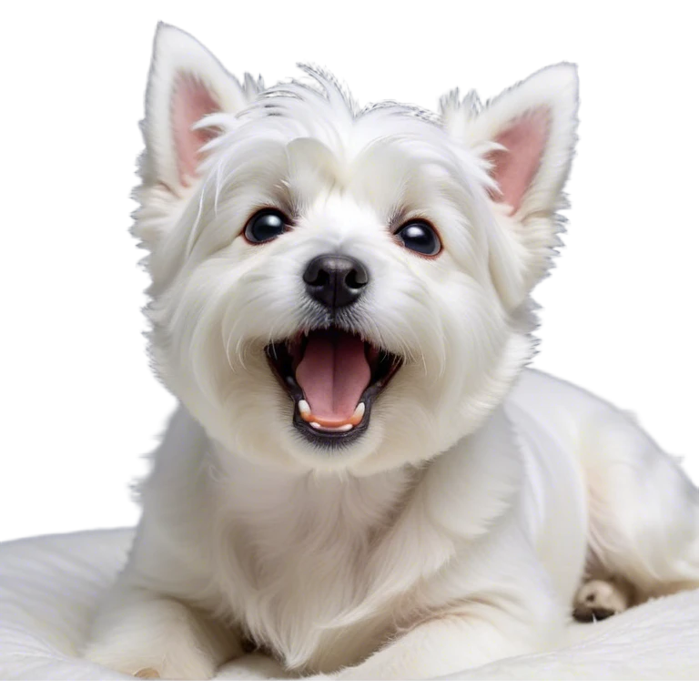 Cinematic Cute Yawning West Highland White Terrier Portrait Emoji, Head tilted slightly with a dramatic, wide-open yawn, showcasing a soft, fluffy white coat with floppy ears slightly drooping and round dark eyes barely open in drowsy contentment, Simplified yet irresistibly adorable features, highly detailed, glowing with a soft, cozy glow, high shine, relaxed yet expressive, stylized with a touch of whimsy, bright and endearing, soft glowing outline, capturing the essence of a sleepy yet affectionate companion, so drowsy it feels like it could stretch out of the screen and curl up for a nap! emoji