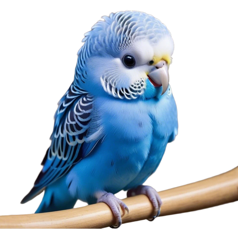 Cinematic Cute Blue Budgie Portrait Emoji, Head tilted playfully and inquisitively, featuring a brilliant blue feathered fur with a natural sheen, round, sparkling dark eyes filled with curiosity, Simplified yet irresistibly adorable features, highly detailed, glowing with a warm, friendly glow, high shine, affectionate and lively, stylized with a touch of whimsy, bright and endearing, soft glowing outline, capturing the essence of a mischievous yet loving budgie, so playful it feels like it could chirp out of the screen and into your arms! emoji