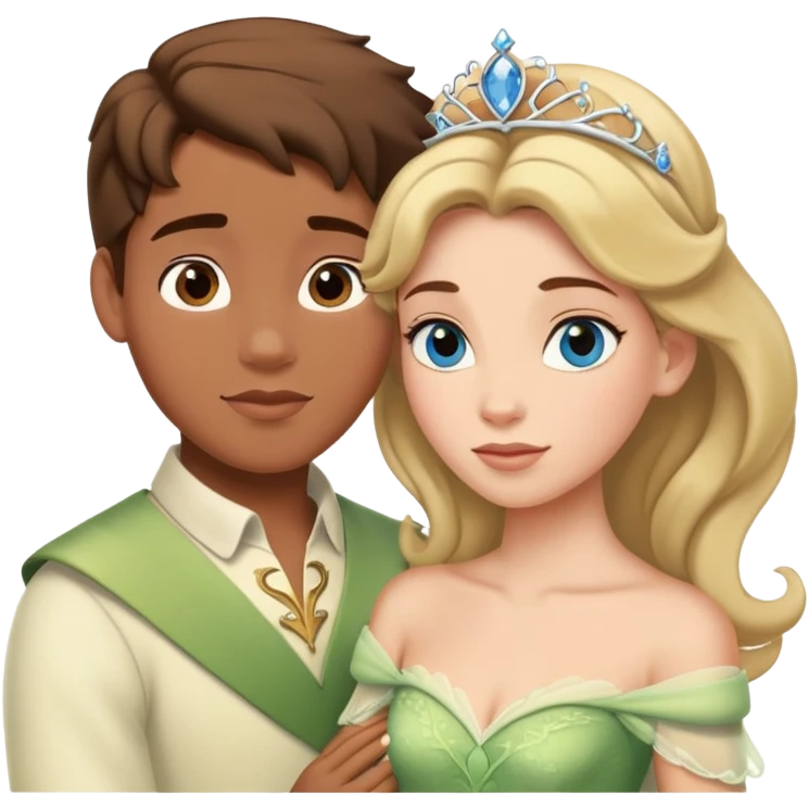 Princesa Tiana pelo marrón enamorada con un chico rubio de ojos azules  emoji