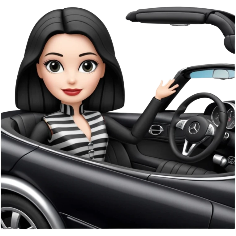 Darth Vader Barbie, 1910 teen Morticia Addams from academy, in dark-gray and black striped outfit. Smiling Driving Mercedes convertible sports car. Pale-white porcelain skin.  emoji