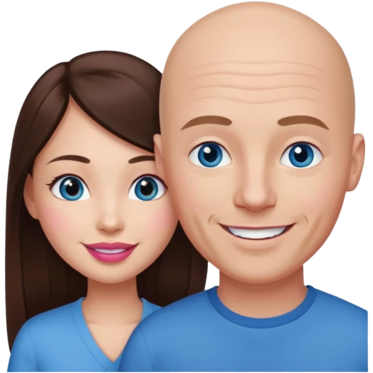 Bald white man blue eyes in love with Filipina woman with long hair dark brown eyes and pink lips smiling emoji