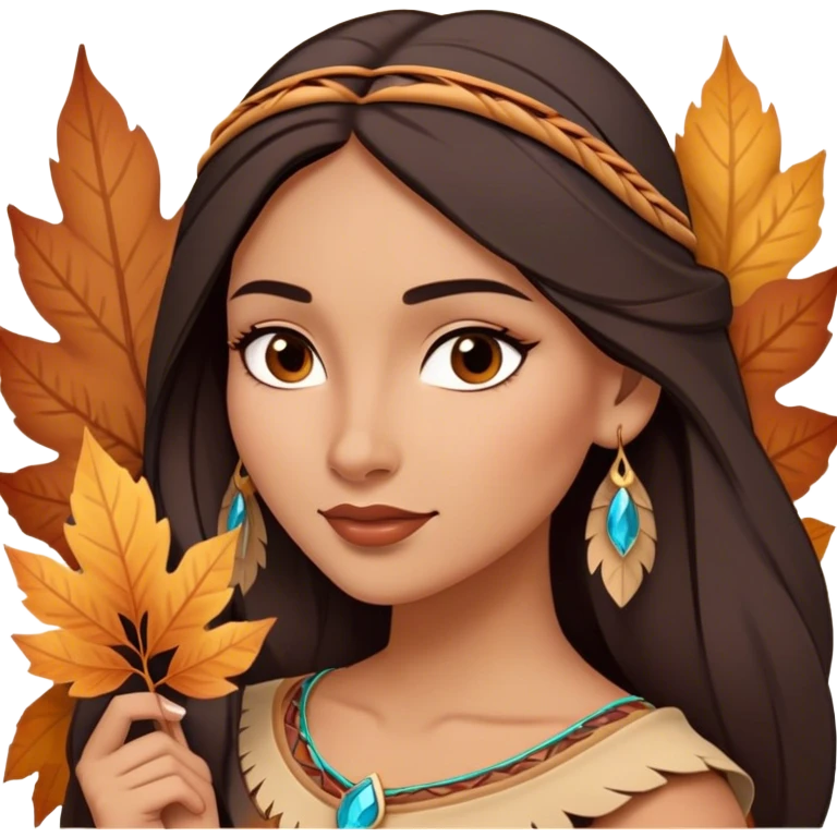 Cinematic Playful Pocahontas Portrait Emoji, Tilting her head with a knowing smirk, holding a delicate autumn leaf, eyes glimmering with adventure, an enchanting blend of confidence and charm, absolutely captivating! emoji