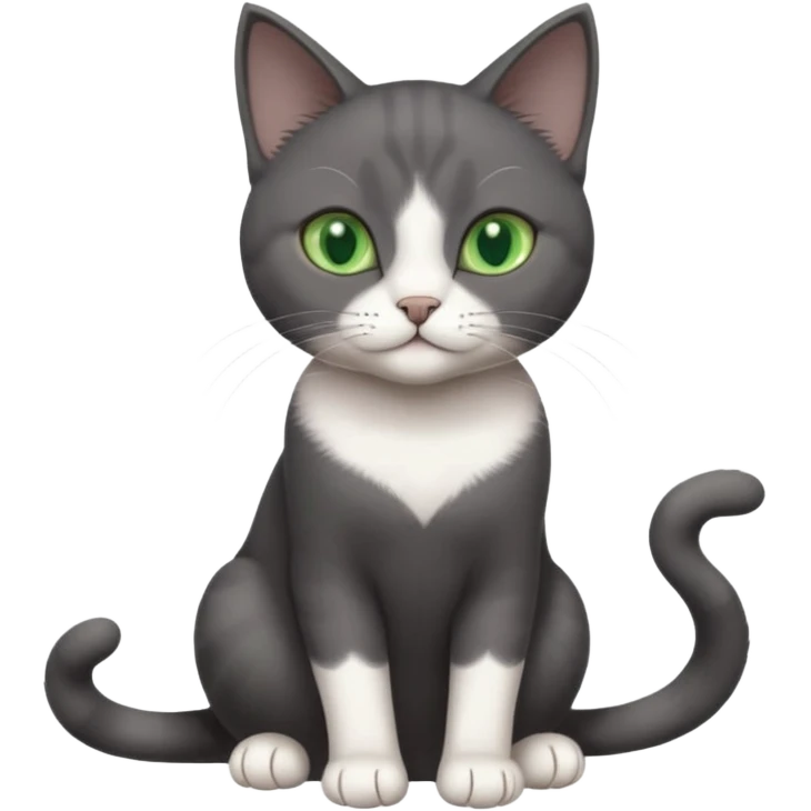 beautiful female solid dark grey cat with green eyes, white toes/paws and white patch on her chest playing emoji