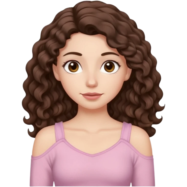 Aesthetic white girl with really long wavy/curly hair color dark brown, hair most be in front of the shoulders (hair in front of the shoulders). Big almond shape eyes color brown, small wide nose, natural lips, sweet expression. Dressed with a cute tight top color light pink. emoji