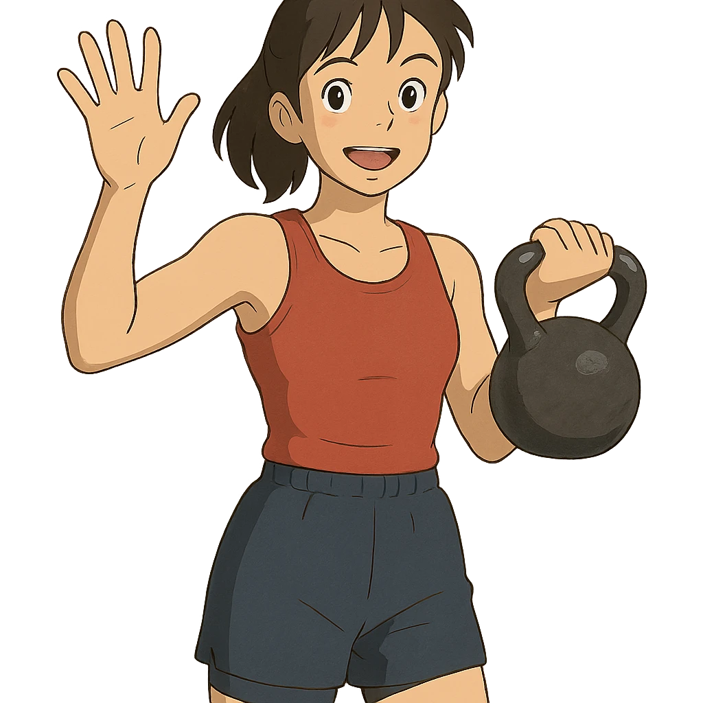 ghibli style sport girl with kettlebell in one hand and waving hello with the other emoji
