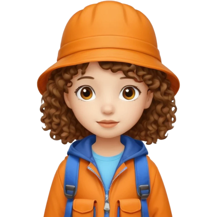 A little girl student curly brown hair, with beige bucket hat, orange jacket, blue backpack emoji