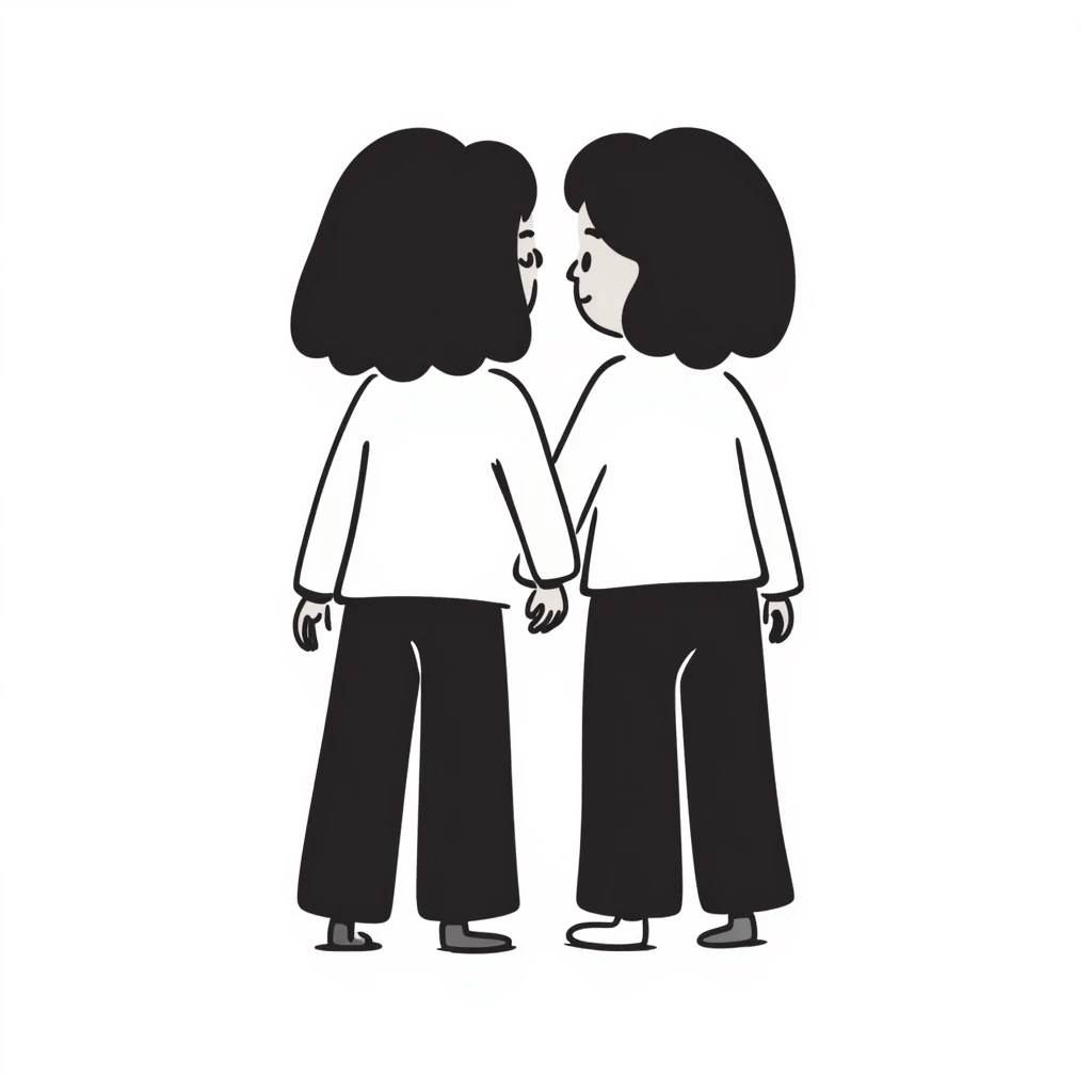 Silhouette of two identical twins seen from behind, standing side by side in pastel colors (dd9fb0, ffc6d3, a3bfc9, c4bee2, f1b091), hand-drawn doodle style emoji