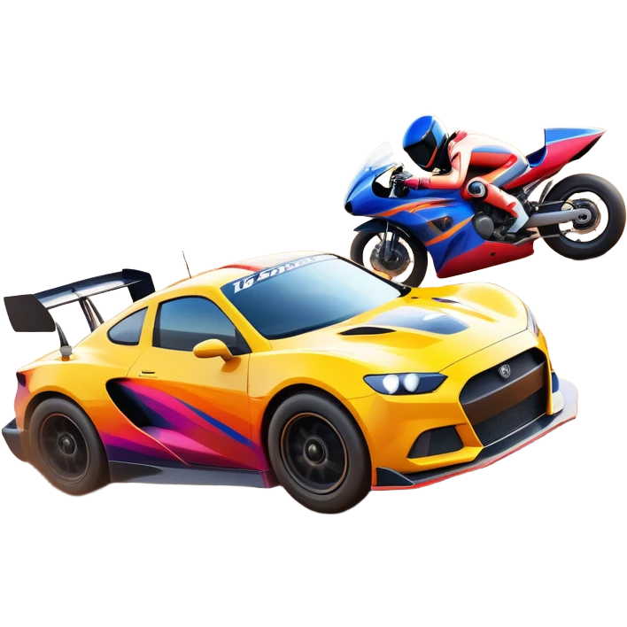 A sleek racing car and motorcycle speeding on a track, leaving a trail of dust behind. The scene captures the thrill of high-speed competition, with blurred motion and vibrant colors, highlighting the dynamic energy of motorsport. emoji
