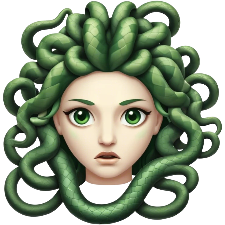 In Greek mythology, Medusa is depicted as a winged woman with a hideous face, possessing snakes for hair, glaring eyes, and protruding fangs. Her gaze turns anyone who meets it into stone. emoji