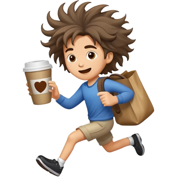 cartoon character running frantically with coffee and bag, messy hair, urban background emoji