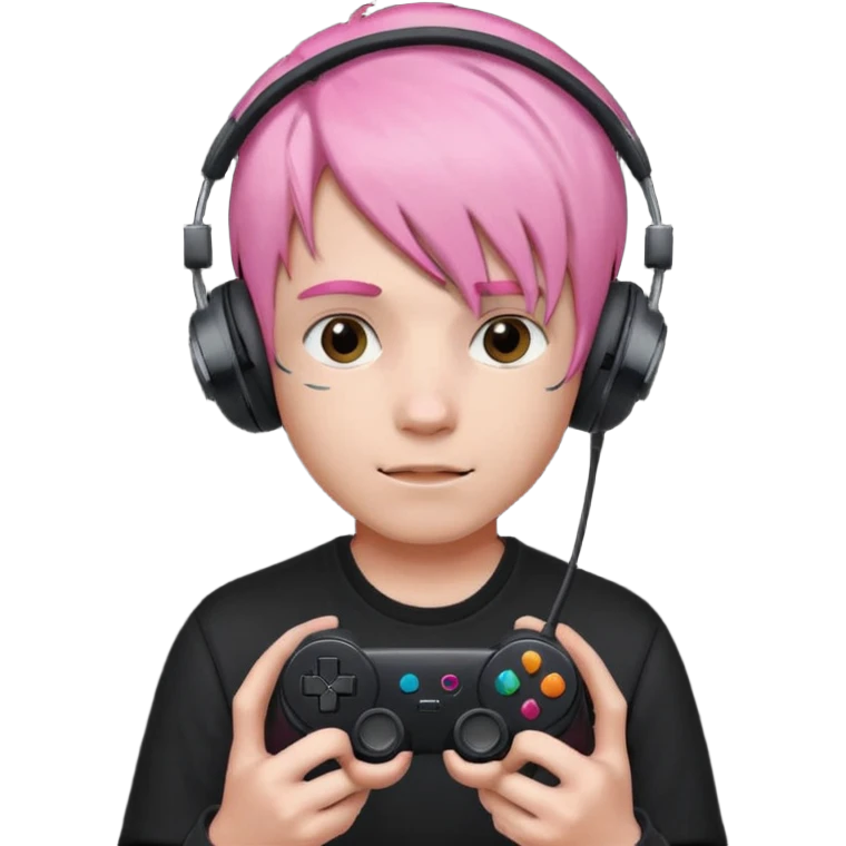 pink haired boy with headphones holding all black game controller emoji