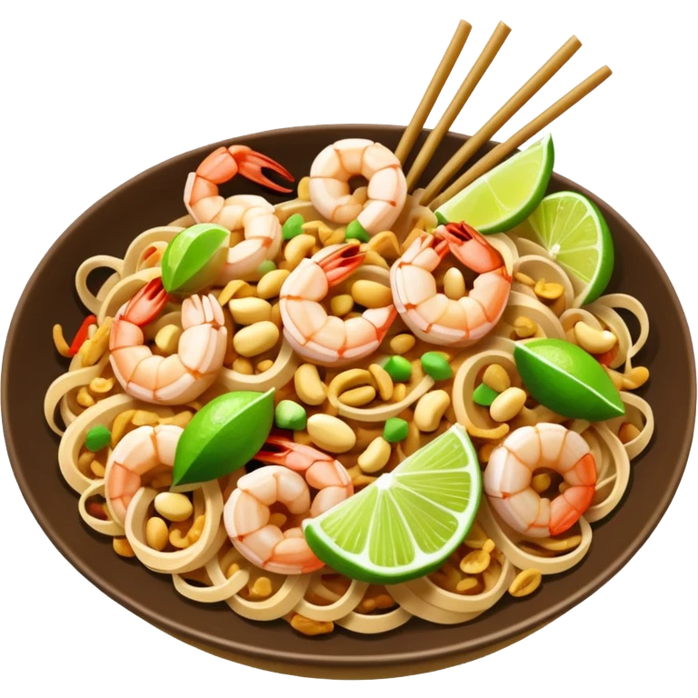 appetizing pad thai noodles with lime wedge, peanuts, shrimp emoji