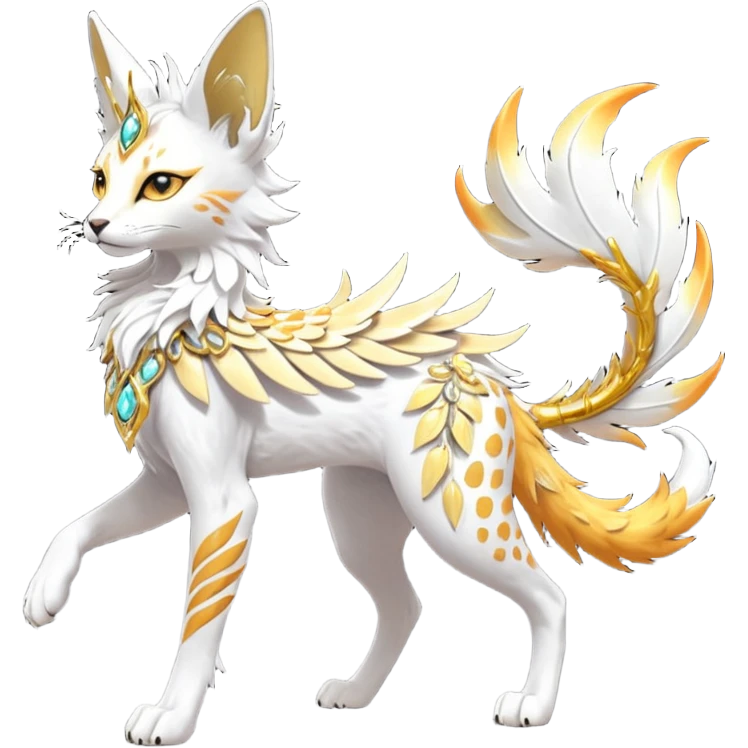 Epic complex fantasy glorious detailed futuristic divine godly angelic feathery sunny, white, albino, pastel, golden, orange glowing sparkly, realistic Fakémon-Sprigatito-Floragato-Meowscarada-Trico-Sergal-Serval-Solgaleo-Vernid-creature (full body) solarpunk, shiny sparkly with a gold laurel emoji