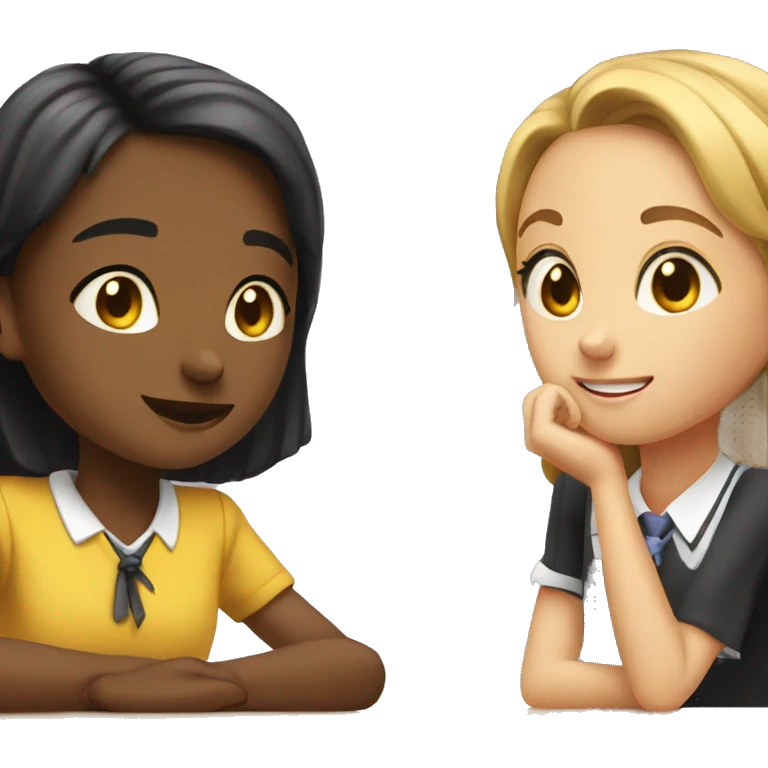Two schoolgirl at the table are talkng emoji