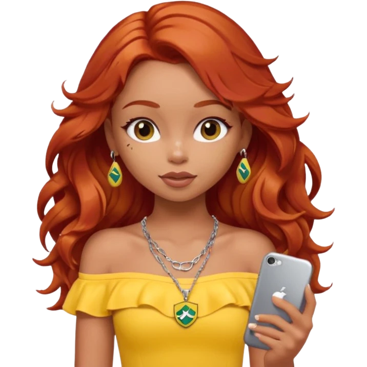 a pretty bratz girl with wavy red hair, wearing a yellow brazil jersey falling off her shoulder. silver dainty layered necklaces, carrying an iphone emoji