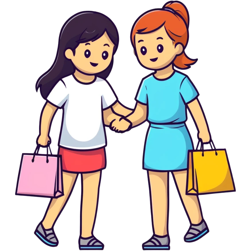 Two girls helping each other carry shopping bags emoji