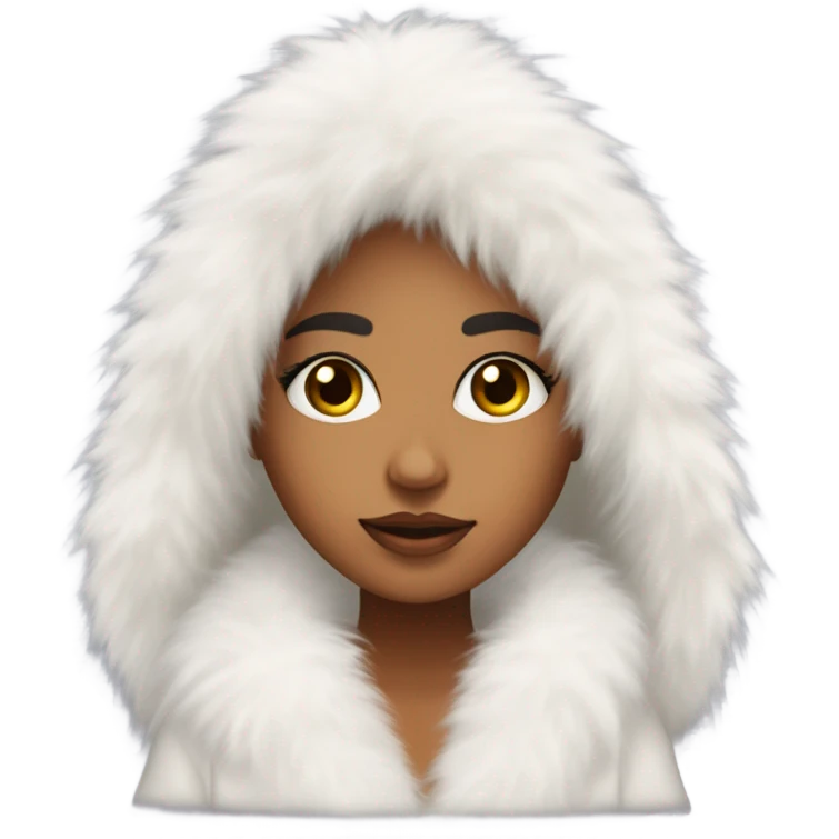 Tanned Girl with lashes ,  in an extremely big fluffy oversized white fur coat with hood on. The fur is real and it’s very obvious big and fluffy like in Pinterest  emoji
