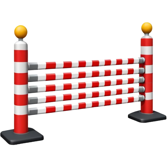 Flat emoji-style icon of a parking barrier gate (boom barrier).
Red and white striped horizontal arm, raised at a slight angle.
Simple geometric shapes, clean vector design.
No text, no background, transparent or plain background.
Bright colors, high contrast.
Centered object, minimal details. emoji