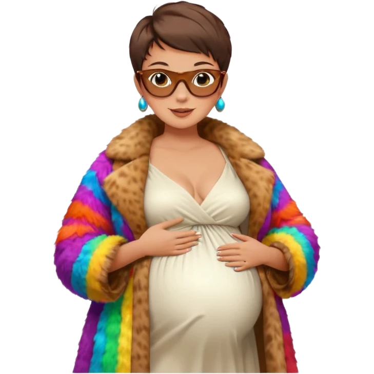 pregnant stylish woman with short pixie brunette hair happily touching her big belly while wearing white dress and fancy brown fur coat and colorful shades emoji