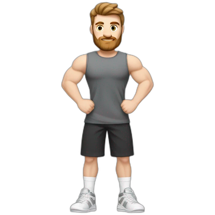 Full height Pale skinned fit man With biceps, brown hair and short beard In dark gray sleeveless mike, black oversize sports shorts, watch and white sneakers. his arms crossed over his chest emoji