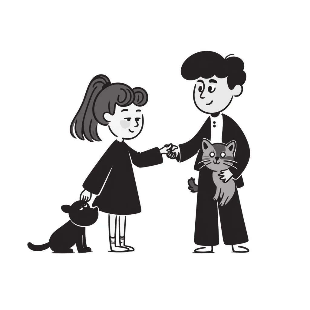A girl with long brown hair holding the hand of a boy with black hair, both dressed in black, holding a cat and dog emoji