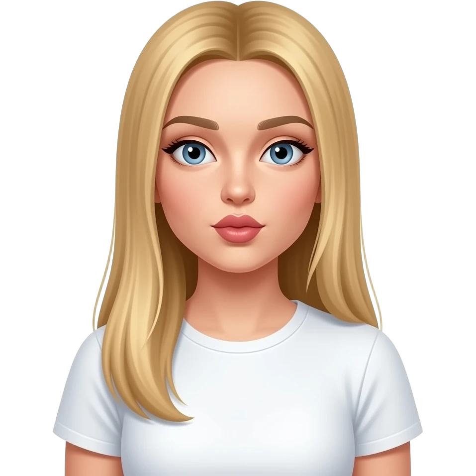 bella ragazza russa bionda capelli lisci lunghi e occhi chiari, con maglietta bianca e manda bacio appasionato emoji