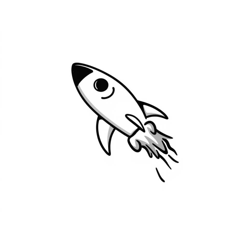 A hand-drawn toy rocket with a silly grinning face and flame trail emoji