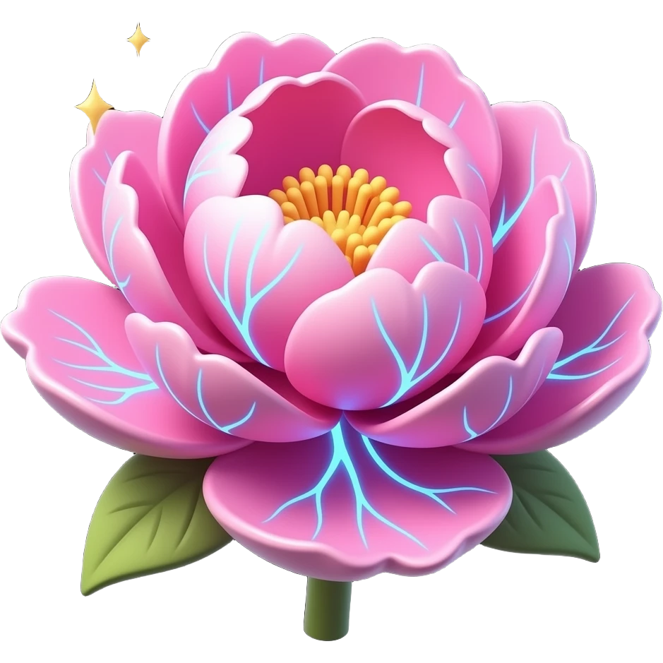 A lush, 3D Peony Emoji with petals that glow with an internal neon pink light. Fine electric-blue veins run through the petals, surrounded by floating golden sparkles. Isolated on a black background for maximum glow effect emoji