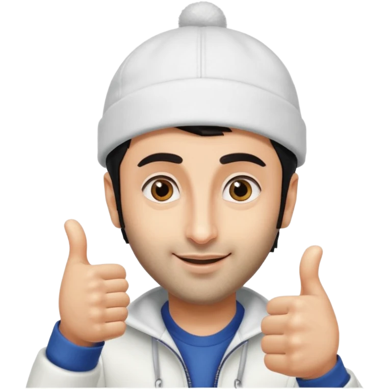 generate a pretty bratz emoji of ranbir kapoor wearing a white cap and doing a thumbs up emoji