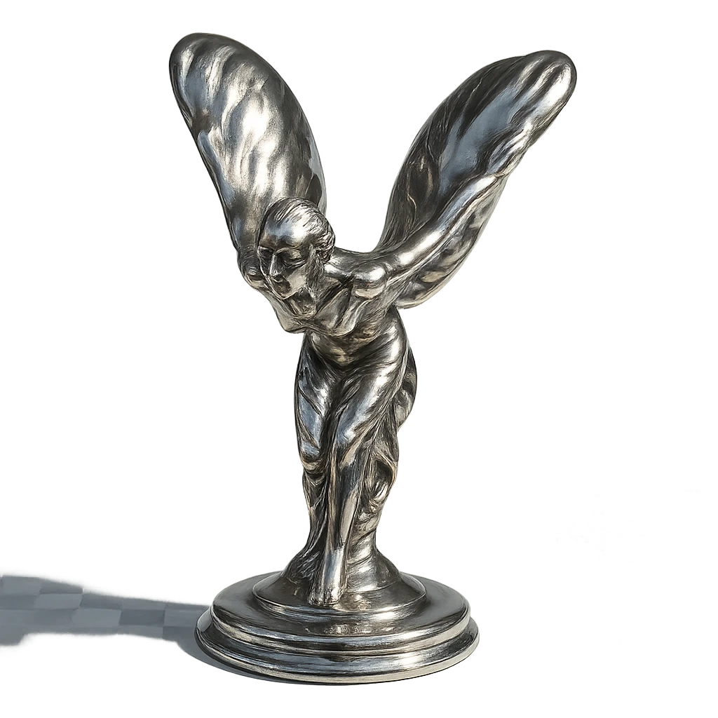 Spirit of Ecstasy hood ornament, elegant, metallic, inspired by Rolls Royce, detailed, graceful, wings outstretched, luxury car symbol emoji