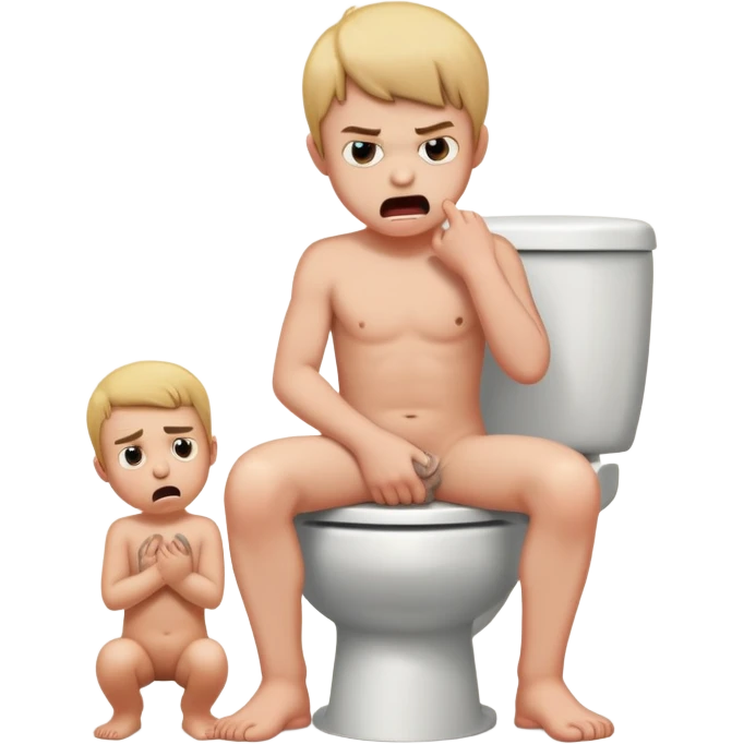 Kids male sitting naked on toilet Poops very pushing, angry, naked, with an erect penis, from tension in the asshole, half bent emoji
