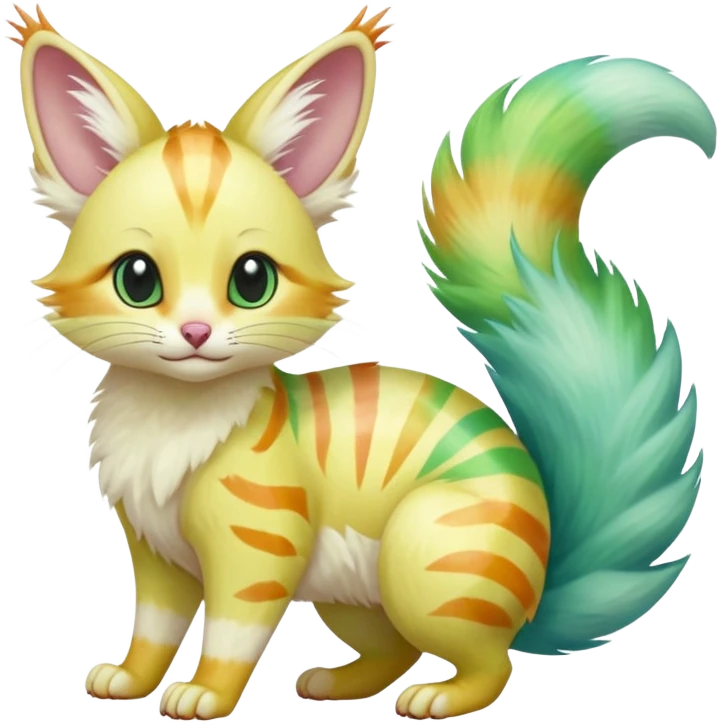  cute adorable yellow-green-turquoise-gradients albino fur with random colorful iridescent rainbow markings beautiful elegant pretty precious cute  Fakémon-Pokémon-opossum-feline-serval-caracal-chinchilla-Minccino-hybrid-creature with a big fluffy bushy striped tail (full body) emoji