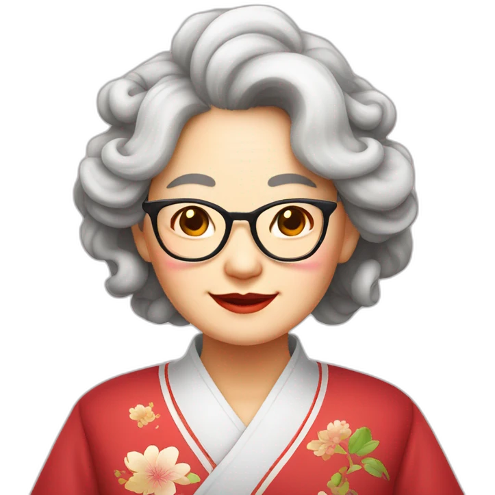 Chinese seniors lady wear glasses has wavy long hair wear Chinese traditional dress show appreciation sign emoji
