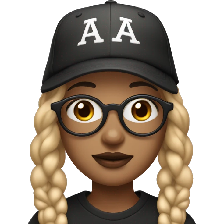 Girl with blonde hair with dark brown at the ends. She also has double nostril piercings, a septum ring, and a Medusa piercing, hazel eyes and big framed glasses. Hair is in braids with  a backwards baseball hat emoji