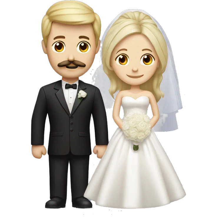 brunette Bride and blonde groom big chedt and mustache emoji