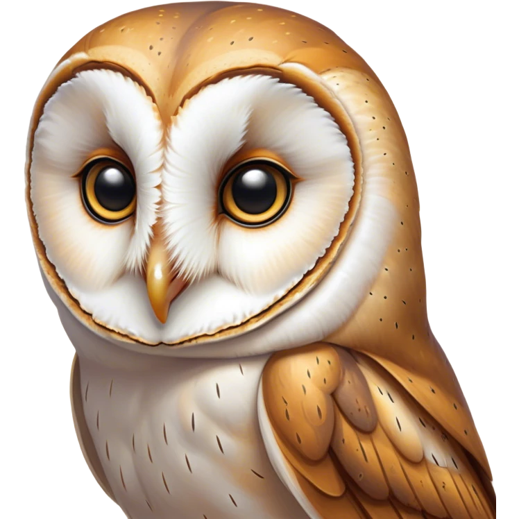 Cinematic Noble Barn Owl Portrait Emoji, Poised and regal, with a slender, graceful build and a striking mottled plumage of whites and browns, deep-set soulful amber eyes, Simplified yet sharp and sophisticated features, highly detailed, glowing with a soft, dignified glow, high shine, intelligent and mysterious, stylized with an air of nocturnal wisdom, focused and attentive, soft glowing outline, capturing the essence of a watchful and confident fowl, so majestic it feels as though it could silently glide out of the screen with effortless authority! emoji