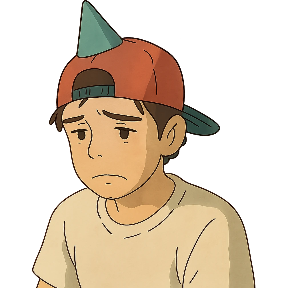 ghibli style sad party guy with a snapback hat emoji