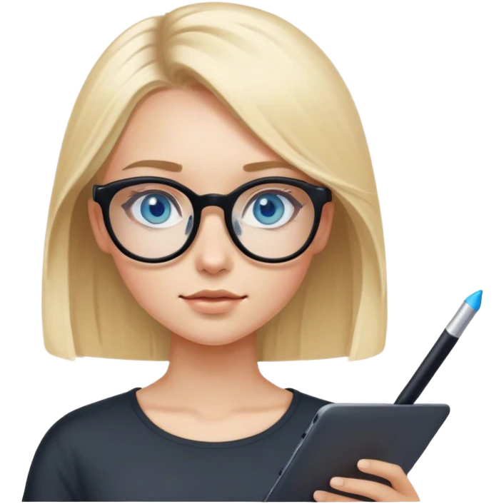 
girl with medium-length blond hair, fair skin and blue eyes in black rounded glasses with a graphics tablet emoji