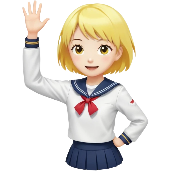 Anime girl with short bright yellow hair wearing Japanese sailor style school uniform, composed posture with hand on hip but energetically waving with other hand, excited smile and happy eyes emoji