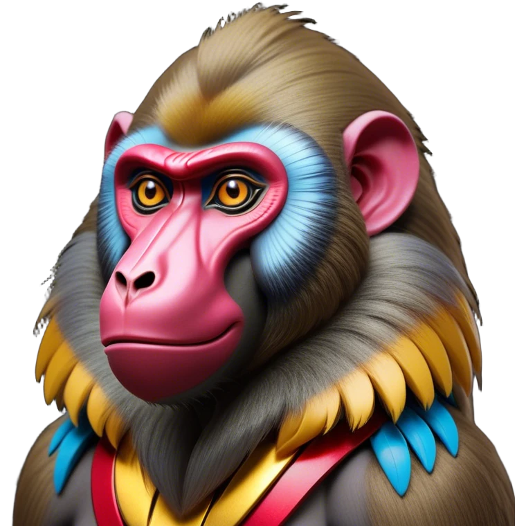 Cinematic Noble Mandrill baboon Portrait Emoji, Poised and regal, with a striking, powerful build and a vivid, deep-set soulful eyes, Simplified yet sharp and sophisticated features, highly detailed, glowing with a vibrant, dignified glow, high shine, intelligent and commanding, stylized with an air of exotic majesty, focused and attentive, soft glowing outline, capturing the essence of a watchful and confident primate, so majestic it feels as though it could step out of the screen with effortless authority! emoji
