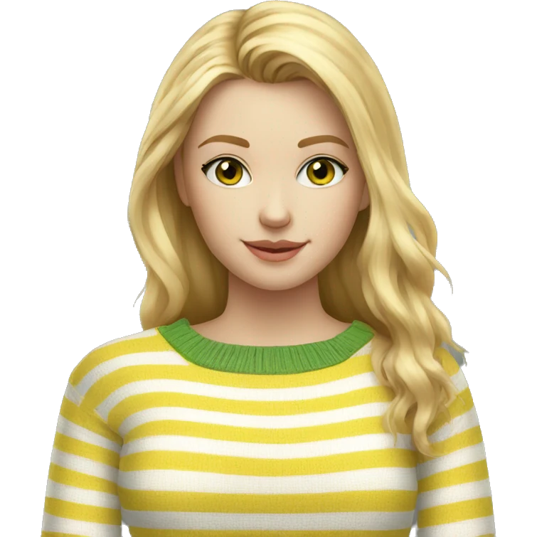 Striped white and yellow sweater on thin blond haired girl with green eyes and jeans emoji