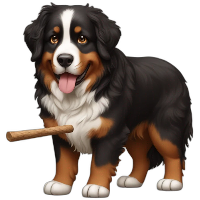 Bernese mountain dog playing with a wood stick and a brown hair womand emoji