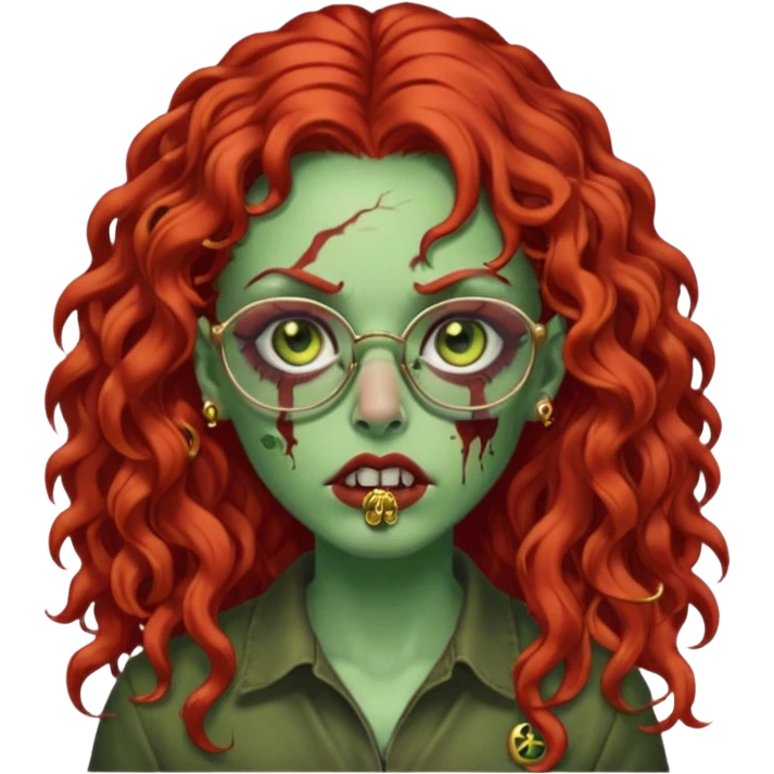 zombie with long red curly hair, thick lashes, black glasses, gold nose piercings on each side of her nose, and a gold eyebrow piercing. emoji