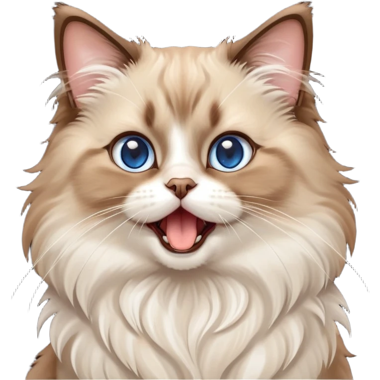 cinematic-adorable-big-eyed-fluffy-brown ragdoll-cat-portrait-emoji,-head-tilted-playfully-with-a-cute,-yawn,-soft-brown-and white-colored-fur-with-darker-points-on-the-ears,-simplified-yet-irresistibly-cute-features, sparkling blue eyes emoji