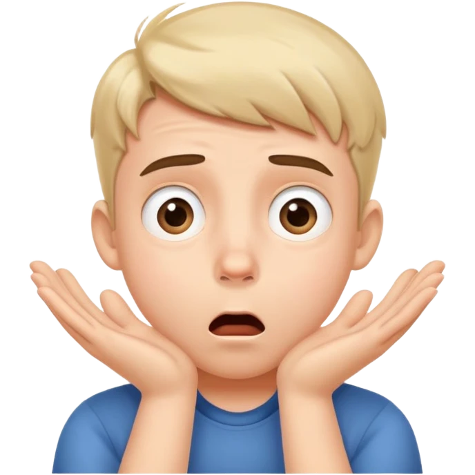 A cute boy with both hands pressed against his cheeks, looking surprised or shocked emoji