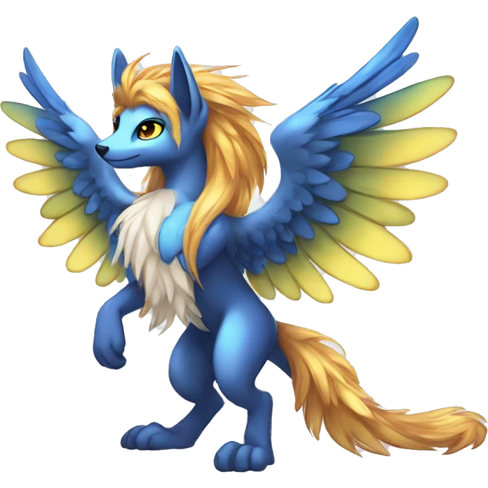 Anthro Sona Cool Cute Colorful Shy Winged Shiny Fakemon-Fantasy-Creature With Long Hair-Mane Full Body emoji