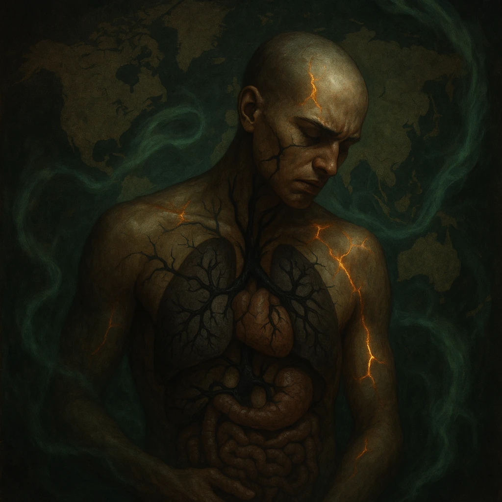 semi-realistic, allegorical human figure, dark atmosphere, dramatic lighting, black parasites branch to organs, world map, glowing fissures, green mist, systemic impact emoji