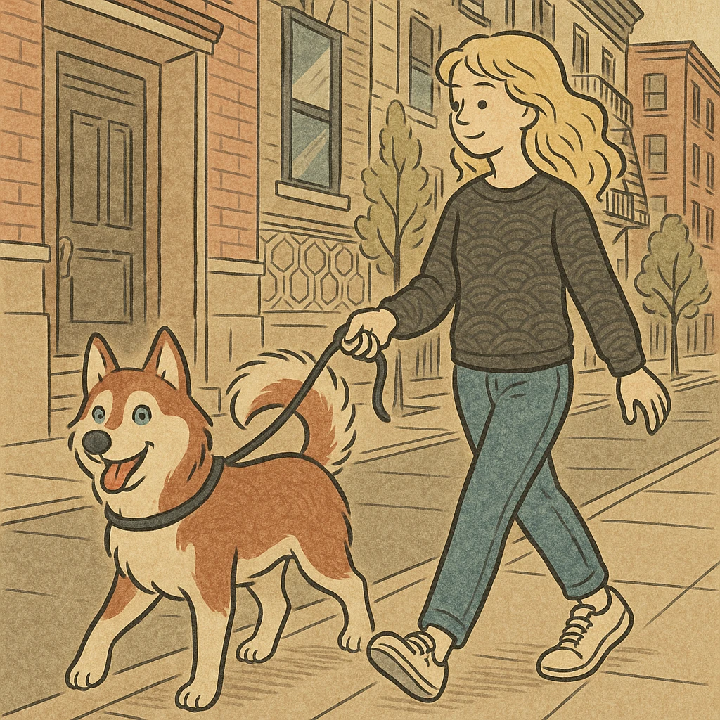 Cute Blonde woman wearing a black sweater and jeans and white sneakers walking a happy red-brown blue-eyed Siberian husky in New York City on an upper east side city sidewalk  emoji