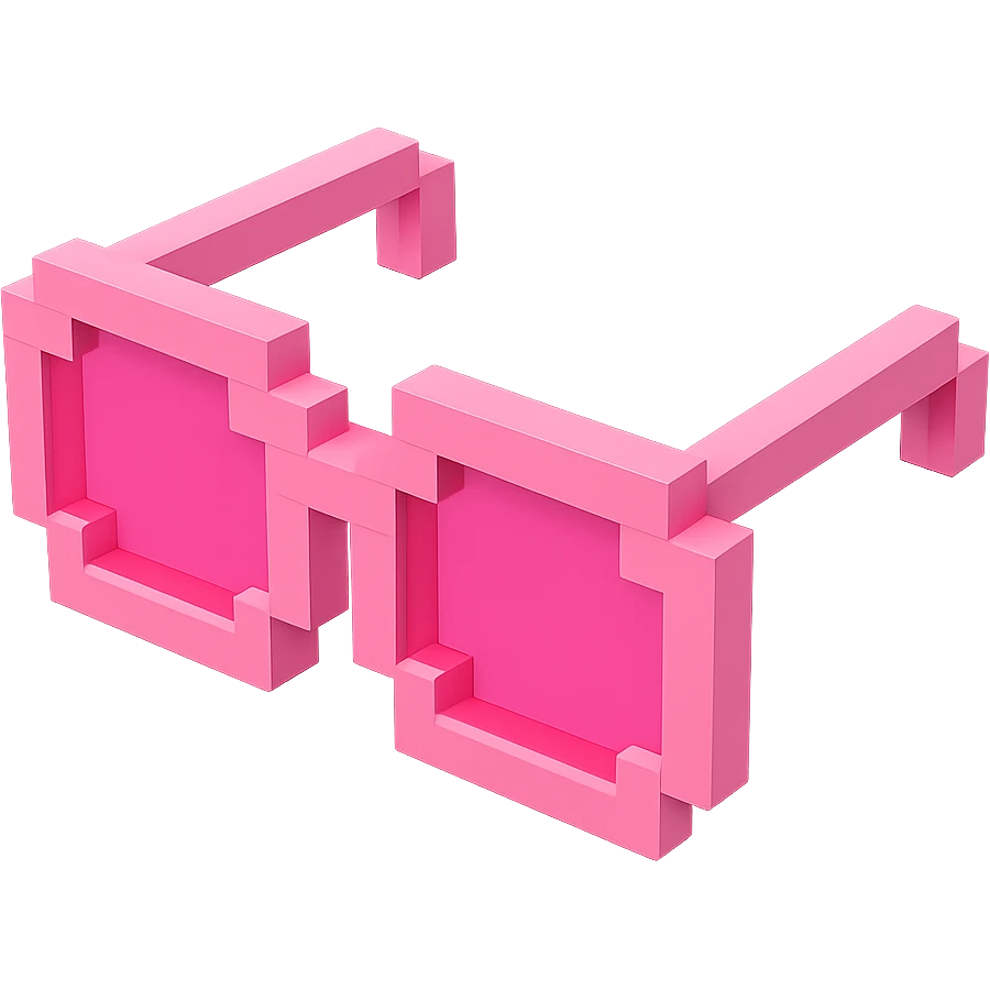 Voxel-style pink glasses with pink lenses, no background, simple and clear emoji